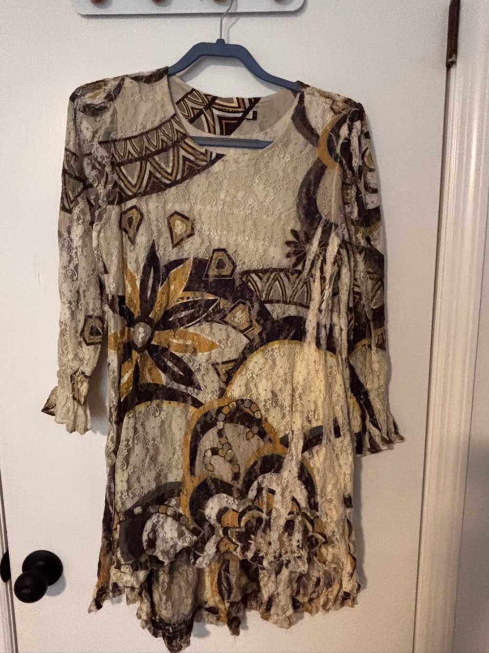 Floral Lace Tunic Top in Cream, Mustard & Brown